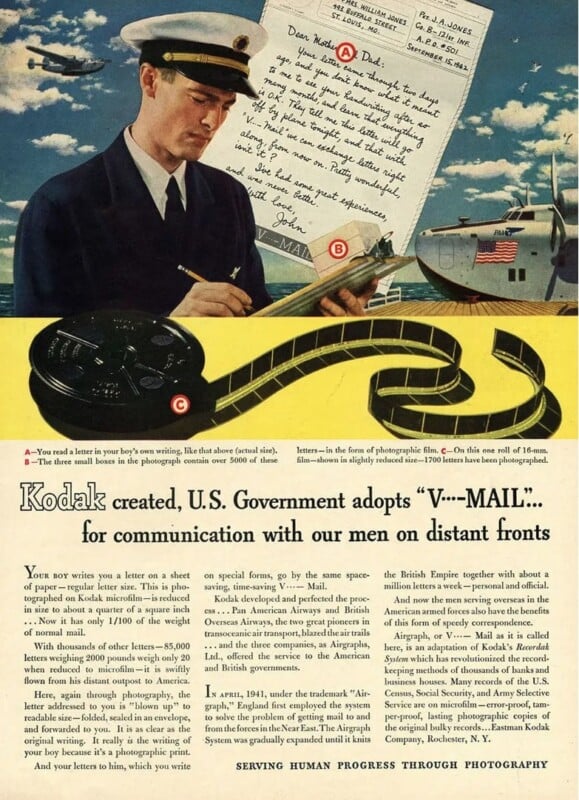 A vintage advertisement features a man in a naval uniform examining a letter. The background shows an airplane and an unwound reel of film. Text describes Kodak's V-Mail, used by the U.S. government for fast communication with troops overseas.